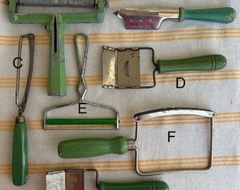 Vintage Green Wood Handle Food Slicer | Depression Era Cheese Meat Veg Tool | Antique Kitchen Utensil