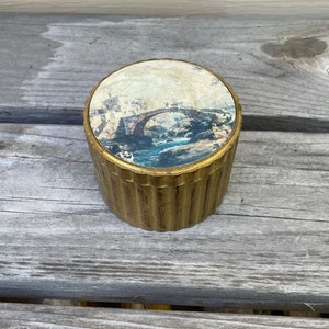 Italian Made plastic trinket box with scalloped edges and painted scene on cover