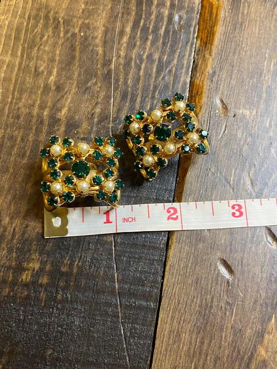 Clip on earrings emerald green rhinestone pearl g… - image 3