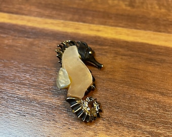 Vintage Seahorse Brooch, Gold Tone with Mother of Pearl