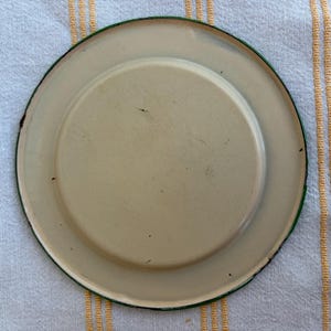 May include: A vintage, off-white enamel plate with a green rim. The plate has a slightly raised center and shows signs of wear, adding to its antique charm. The plate is set against a striped background.