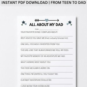 Op de afbeelding: Een wit vragenlijstblad met de titel ALL ABOUT MY DAD met zwarte tekst en blauwe ster- en pijlaccenten. Het formulier bevat prompts zoals YOUR FAVORITE SONG I COMPLAIN ABOUT, BEST ADVICE YOU GAVE ME en I LOVE BEING YOUR KID BECAUSE.