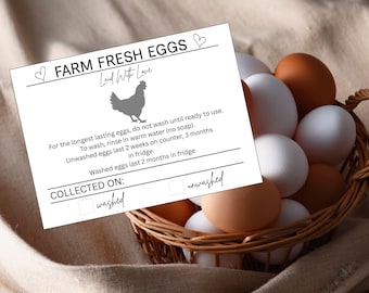 May include: A woven basket overflowing with brown and white eggs, beside a white card. The card reads "FARM FRESH EGGS" and features a hen illustration, with storage instructions for the eggs.