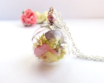 allergy for wife mother gift boho wedding jewelry small pink pendant Real flower necklace real bloom girlfriend gift surgical steel
