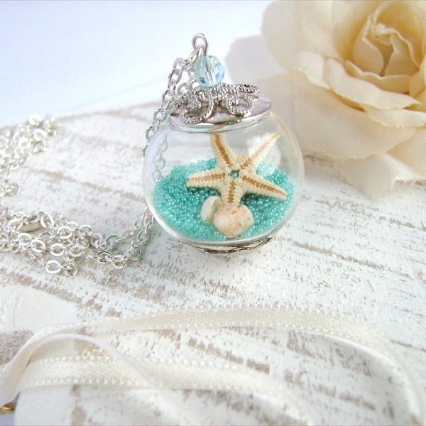 Starfish Necklace, Aqua Necklace, Seashell Jewelry,  Beach Jewelry, Bridesmaid Gift, Mothers Day