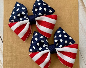 Patriotic Hair Bows for Girls, 4th of July Pigtail Bows, Red White and Blue Baby Bow Clips, USA Independence Day Accessories