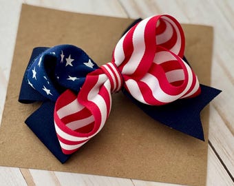 Patriotic American Flag Hair Bow | Red White Blue Independence Day Accessory