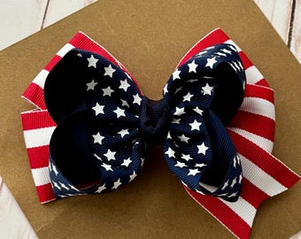 Handmade Patriotic Hair Bow | Red White Blue Stars Stripes Clip