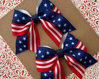 Patriotic Pigtail Bows | Red White Blue Toddler Hair Clips | 4th of July Set