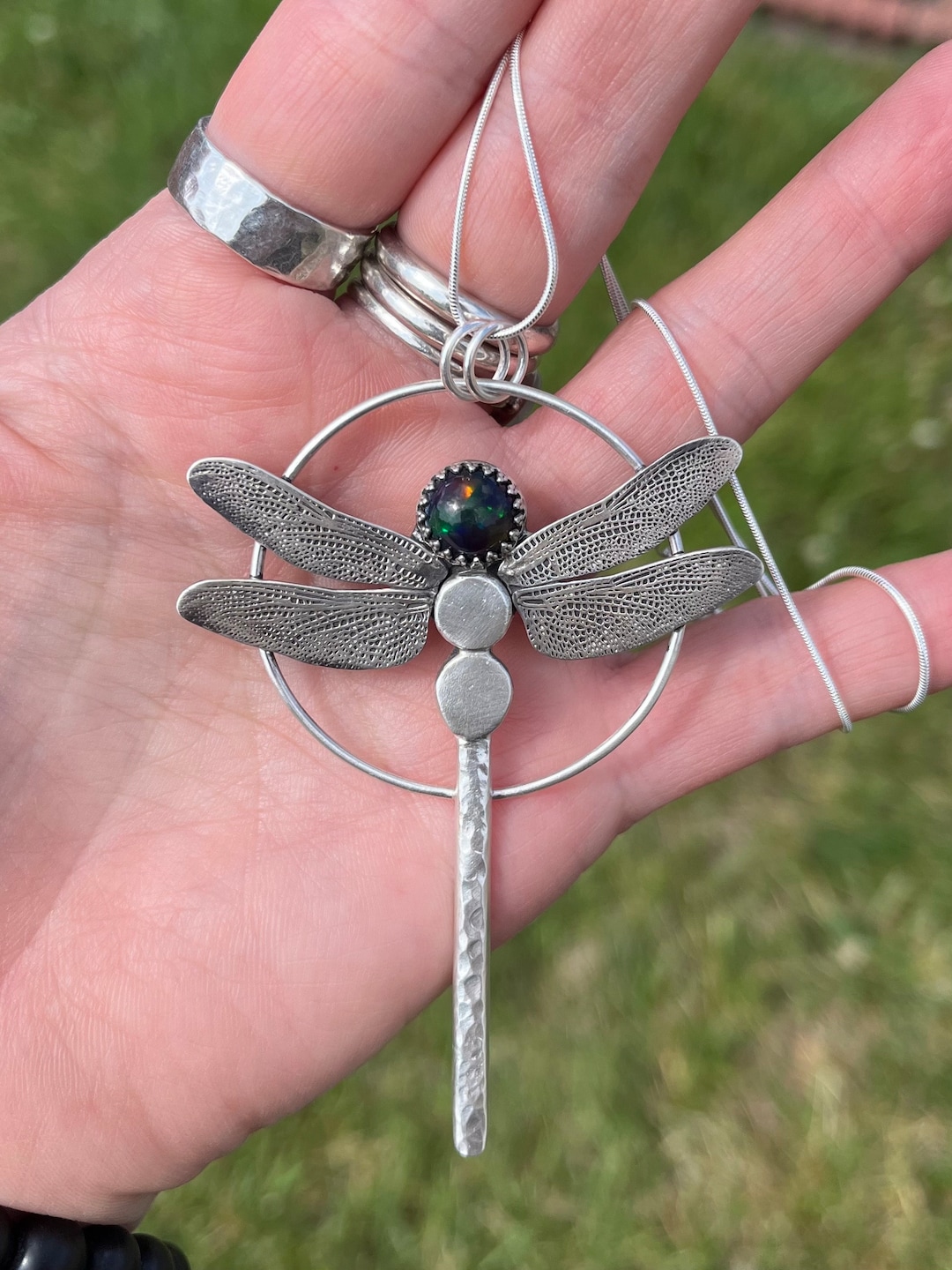 Sophisticated Gold Blue Opal Dragonfly Pendant Necklace main image 1