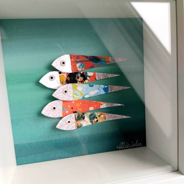 Little Abstract 3D Fish Shoal Coastal Seaside Art- Framed **Original** Painting - Ideal Wedding/Birthday Gift - 12x12cm/4.5x4.5inches