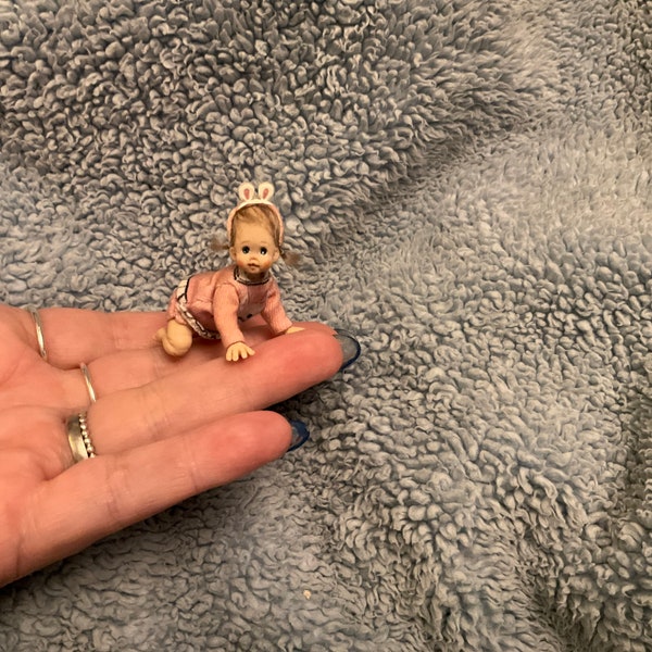 Dollhouse Miniature handmade mini baby toddler GIRL Sculpt jointed teddy bear  1/12th scale dollhouse ooak dolls house baby