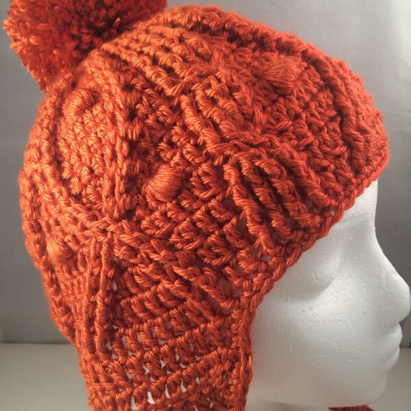 Crochet Hat in Burnt Orange with Ear Flaps, Cables and Puffs Adult Hat Unisex Hat Earflap Hat