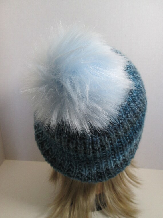 Hand knit blue variegated knit hat with faux fur pom Blue Speckle Merino Wool Knit Hat with Faux Fur Pom Pom  main image 4