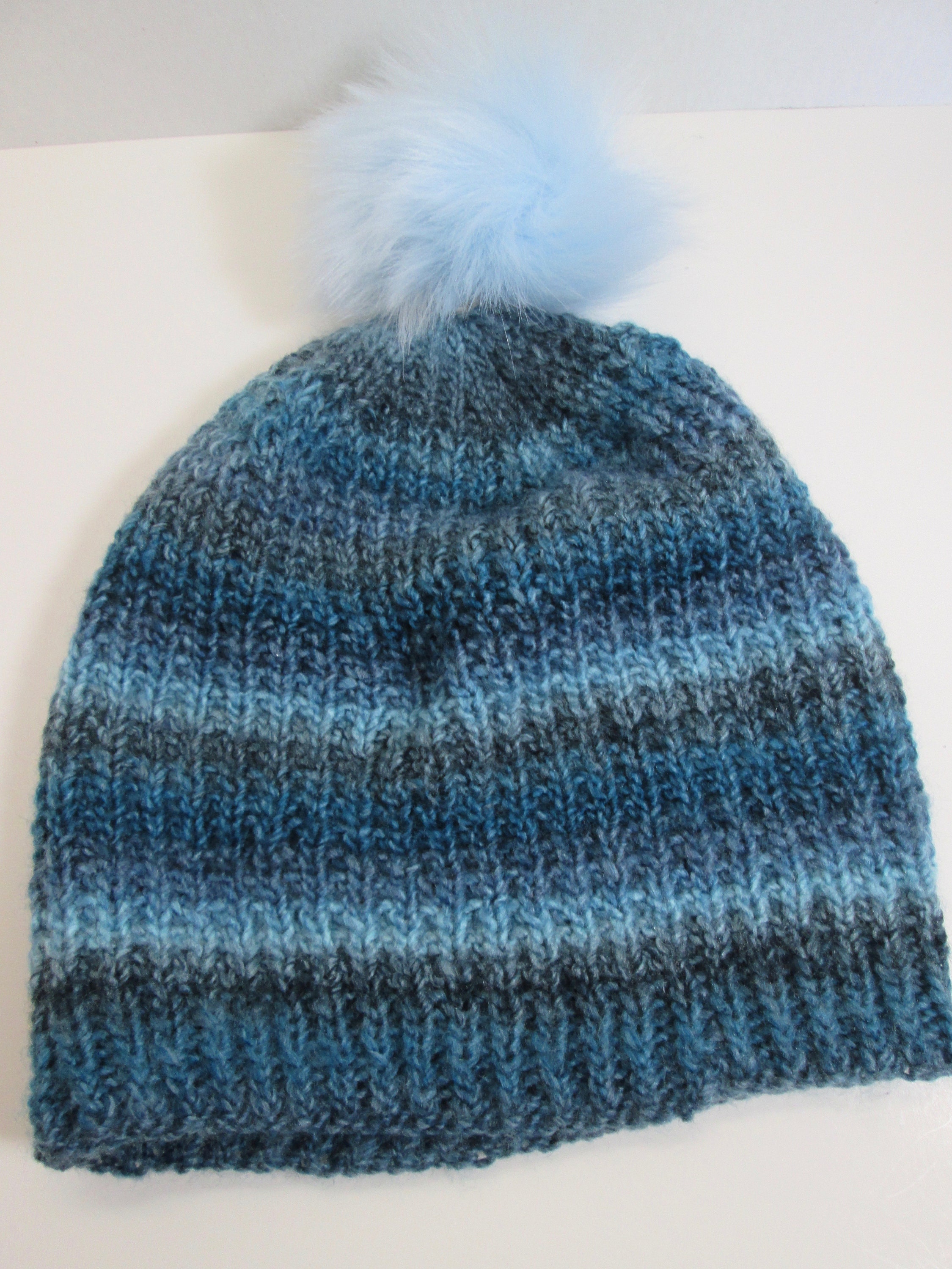 Hand Knit Variegated Blues/cap/beanie/slouchy With Faux Fur  display picture 3