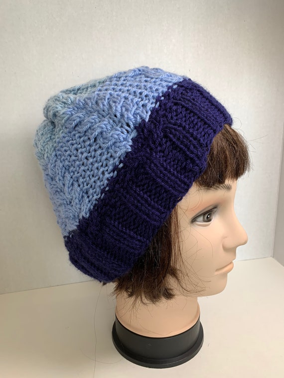 Hand Knit Shades of Blue Cabled Hat - Etsy display picture 1