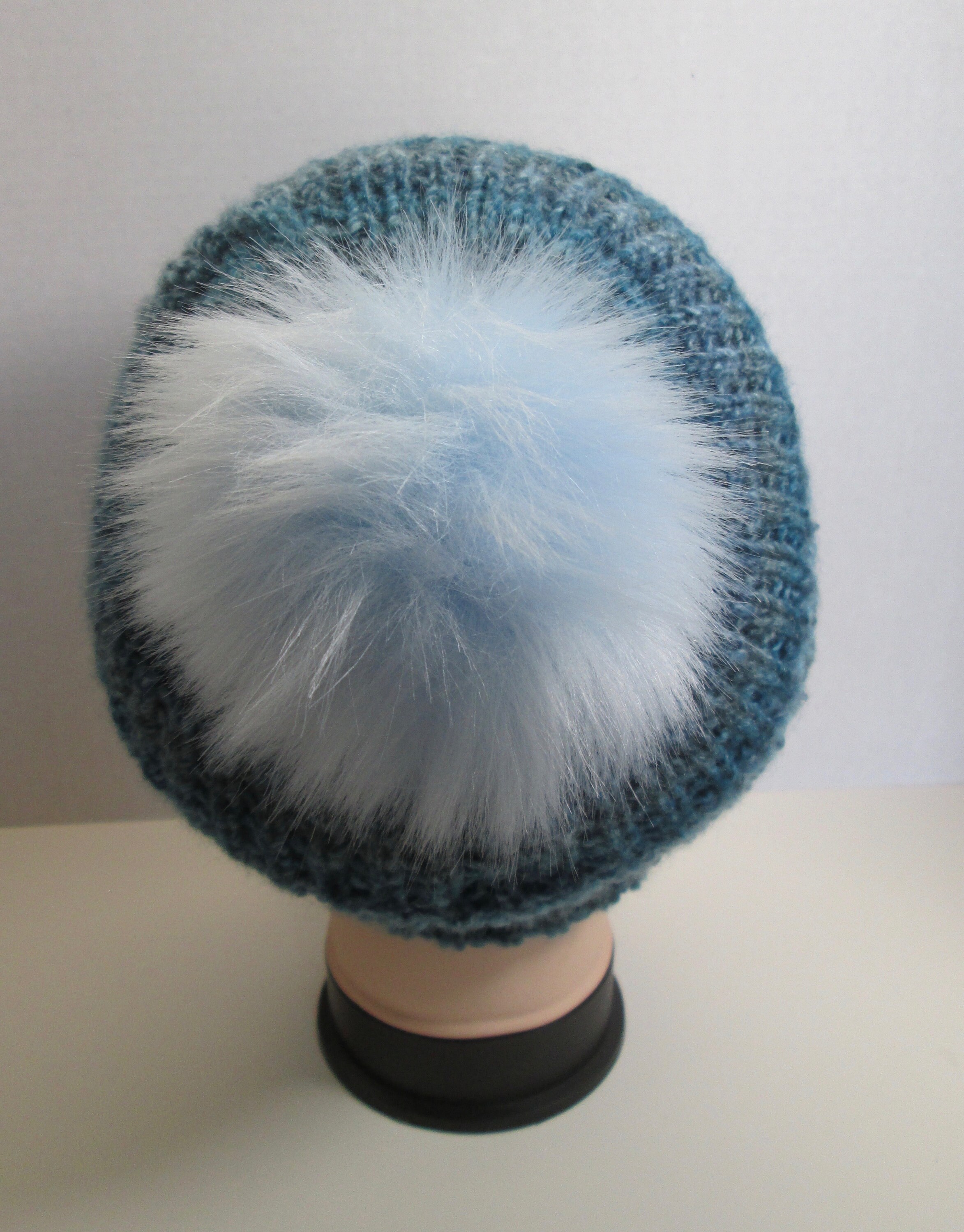 Hand knit blue variegated knit hat with faux fur pom Blush Pink, Blue, & Brown Merino Wool Knit Hat with Faux Fur  main image 4