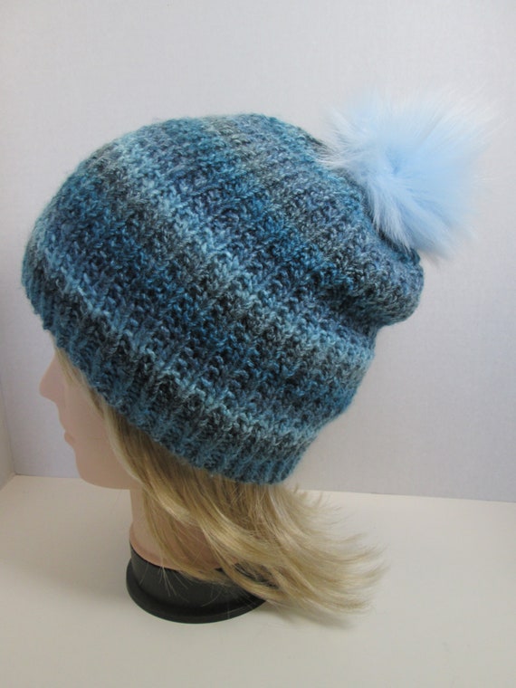 Hand knit variegated knit hat with faux fur pom Variegated Blue Merino Wool Crush Hat with Faux Fur Pom Pom  main image 4