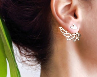 Pendientes de plata con diseño de loto, pendientes geométricos, pendientes minimalistas, pendientes con alas de ángel, pendientes de plata con diseño de loto, pendientes delanteros y traseros.