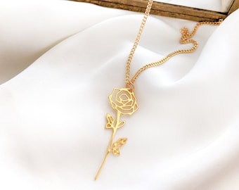 Rose flower Necklace, gold Rose charm necklace, summer Jewellery, send love gift, floral personalised Initial Necklace, Statement Necklace