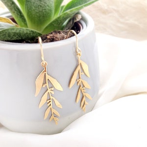 Olive leaf earrings, gold dangle earrings, statement earrings, olive leaves jewellery, Bridesmaid gift idea, Botanical minimalist earrings