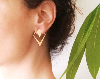 Rhombus ear jacket gold, geometric ear jacket earrings, minimalist studs, diamond shaped earrings, gold ear jacket, front back earrings