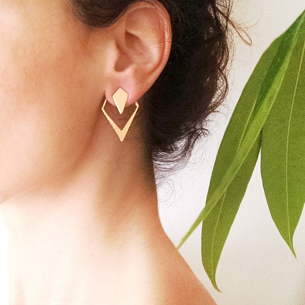 Rhombus ear jacket gold, geometric ear jacket earrings, minimalist studs, diamond shaped earrings, gold ear jacket, front back earrings