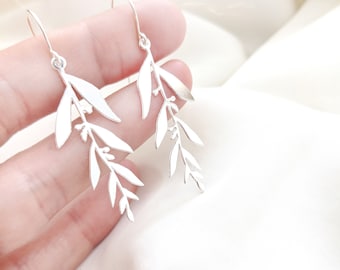 Olive leaf earrings, silver dangle statement earrings, greek olive leaves jewellery, Bridesmaid gift idea, Botanical minimalist earrings