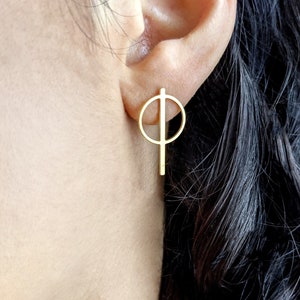 Circle Strip Gold Geometric studs, geometric posts Earrings, Geometric Studs, Posts, small circle studs, gold studs earrings, Valentine&#39;s