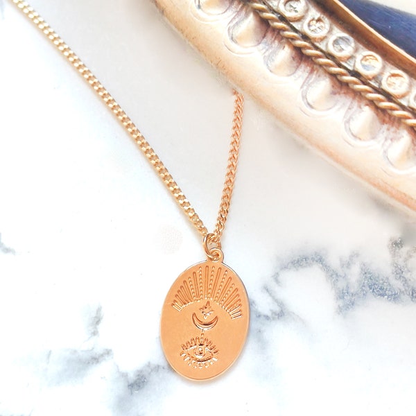 Evil Eye medallion necklace, good luck coin necklace, Evil Eye Necklace, layering necklace, Good karma, bohemian Necklace, Gold medallion