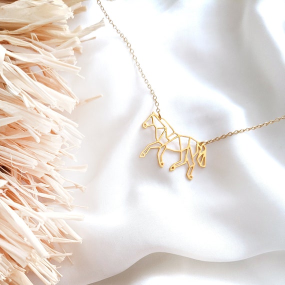 Origami Horse Necklace, horse lover gift, gold Geometric Horse charm, animals jewellery, personalised initial necklace, Mother's Day idea