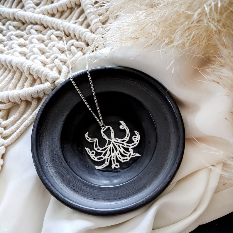 May include: A silver necklace with an intricate, geometric octopus pendant. The pendant is on a black plate, which is on a white surface.
