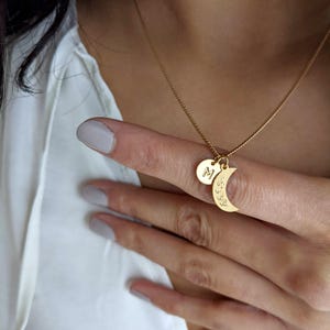 Small Crescent Moon necklace, tiny gold moon charm with wheat engraving, Celestial layering Necklace, personalised gift, initial necklace