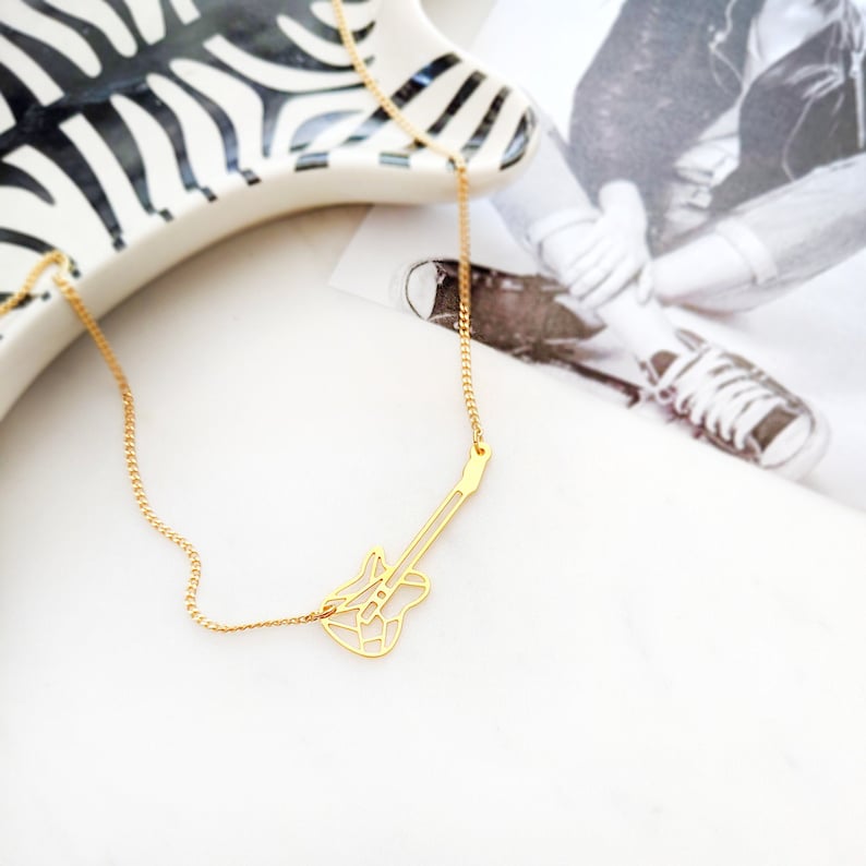 Guitar Necklace Music Necklace Gold Guitar Charm Guitar Etsy