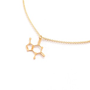 May include: A gold necklace with a pendant shaped like the chemical structure of caffeine.