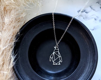 Penguin Geometric Necklace, Origami Penguin Necklace, Silver penguin necklaces, Origami jewellery, Animals jewelry, silver bird necklace