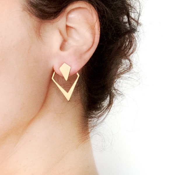 Pendientes de oreja rombos dorados, pendientes de chaqueta de orejas geométricas, regalo de Navidad