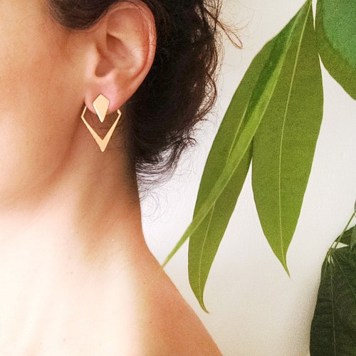 Veste d'oreille losange dorée, boucles d'oreilles géométriques, clous minimalistes, boucles d'oreilles en forme de losange, veste d'oreille en or, boucles d'oreilles avant arrière