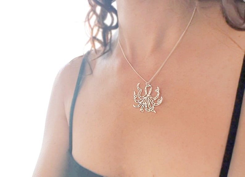 May include: A silver necklace with an octopus pendant. The octopus is made of wire and has a detailed design.