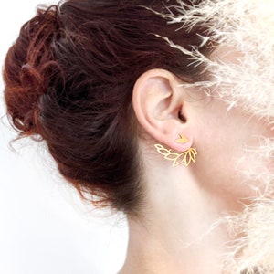 Lotus ear jacket gold, geometric ear jacket earrings, minimalist studs, angels wings earrings, gold ear jacket, front back earrings, leaves