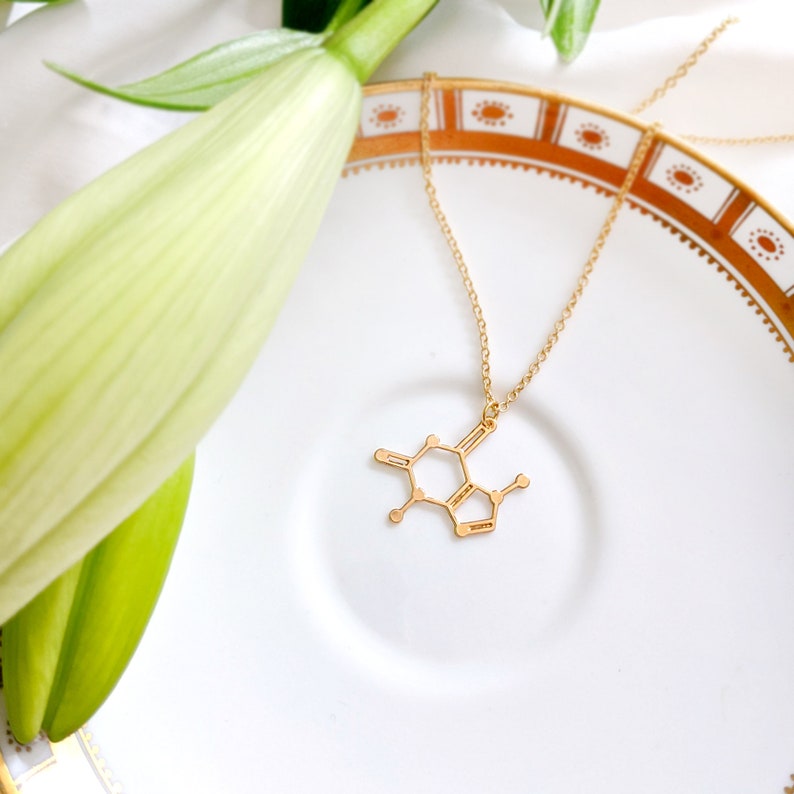 May include: A gold necklace with a pendant shaped like a caffeine molecule. The necklace is on a white plate with a gold rim.