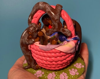 Dapple and Chocolate & Tan Dachshund Puppy basket - Peculiar Pals Handmade Miniature sculpture.