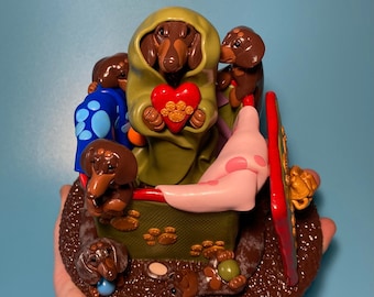 Dapple and Chocolate & Tan Dachshund Puppy gift box - Peculiar Pals Handmade Miniature sculpture.