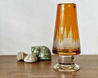 Carl Rotter Lübeck Germany wheel-cut engraved townscape amber glass vase