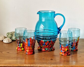 Kralik Bohemian Art Deco set of 4 blue glass tumblers & jug