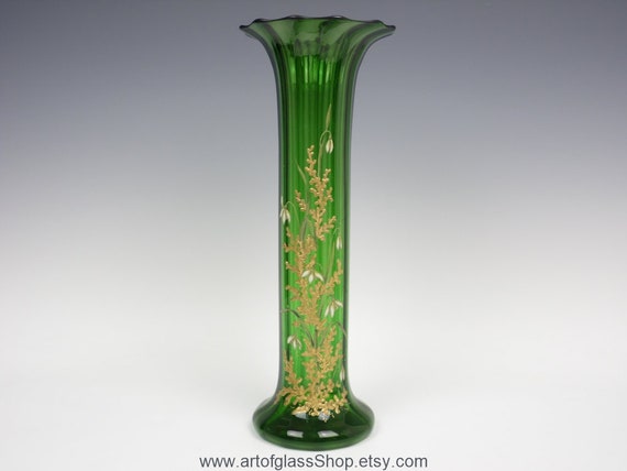 14 Tall Antique Glass Vase With Enamelled Snow Drops Hogar Y