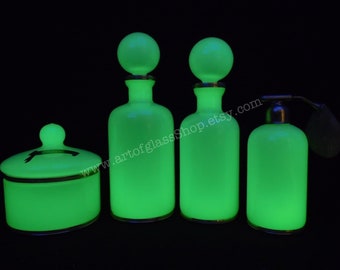 Murano Nason & Co. opaline glass vanity set: scent bottles, trinket box, atomiser set #1
