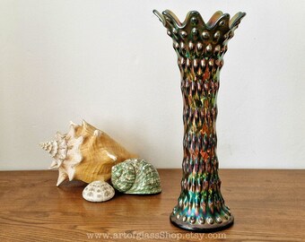 Fenton 'Rustic' green carnival glass vase