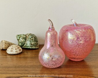 Large pink iridescent glass apple and pear