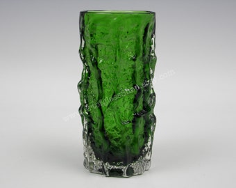 6" tall Whitefriars meadow green bark textured glass vase by Geoffrey Baxter